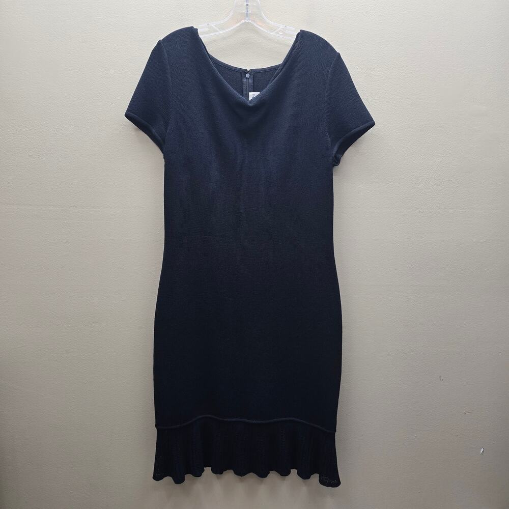 St John Collection Santana Knit Sweater Dress 10 Ruffle Hem Knee Length Black